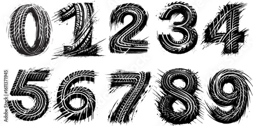 Numbers designed with grunge tire patterns, offering a unique artistic approach for creative projects. Perfect for automotive, branding, or modern concepts