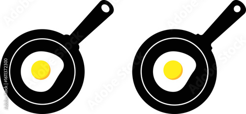 Frying pan icon with fried eggs. Protein breakfast of eggs. decorating menus symbol. Breakfast food sign. Frying utensil icons.  kitchen accessories design
