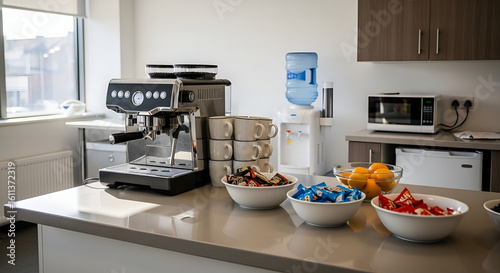 Well-stocked office breakroom with a modern espresso machine, water cooler, and various snacks