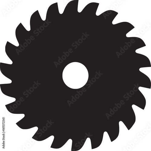 A black circular saw blade with sharp teeth and a central hole on a white background plain view