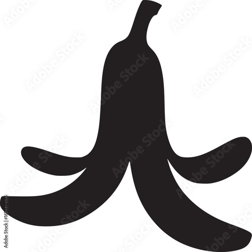 A stark black silhouette of a banana peel with its distinctive shape against a white backdrop image