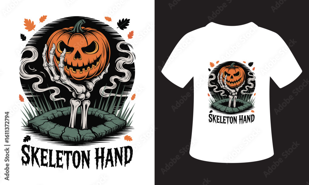 Fototapeta premium Spooky halloween skeleton hand emerging from pumpkin patch with jack o lantern face
