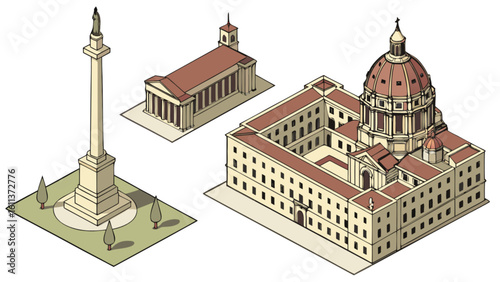 Isometric architectural landmarks vector illustration for city planning and historical building design project