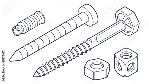 Discover various fasteners: screws, bolts, and nuts for construction and diy projects illustrated here