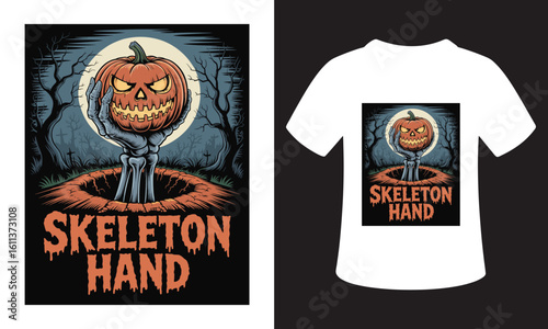Spooky halloween skeleton hand holding a jack o lantern with full moon