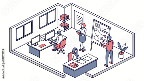 Isometric office space vector illustration for business meeting teamwork collaboration and presentation design concept