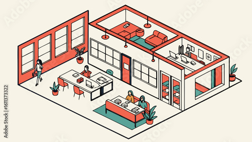 Isometric office space design floor plan with meeting rooms and lounge area illustration for architecture firms