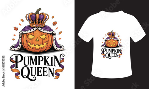 Halloween pumpkin queen with crown and regal cape design