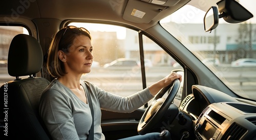 School van worker waiting in traffic during pickup