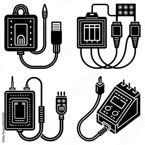 Illustration showing various electronic devices and connectors including plugs and ports in black and white