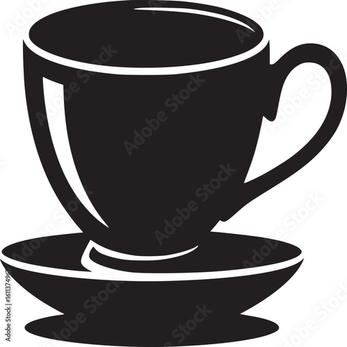A simple black and white graphic of a coffee cup sitting on a saucer with a plain white background