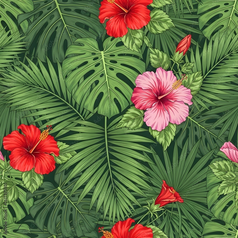 Naklejka premium Lush Tropical Hibiscus and Palm Fronds Seamless Pattern, Vibrant Tropical Floral Design Featuring Hibiscus Flowers and Exotic Palm Leaves