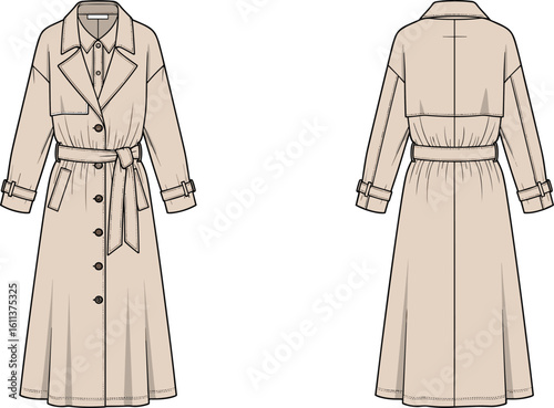 Beige trench coat mockup with belt and button front—front and back view fashion template for formalwear catalog and clothing design use