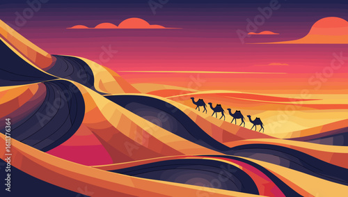 Desert landscape at sunset showcasing silhouetted camels walking across colorful sand dunes