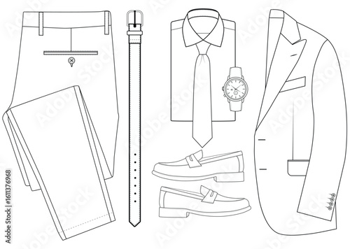 Elegant Male Outfit Collection - Blazer, Loafers, Trousers, and Accessories vector Illustration