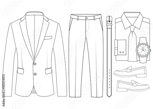 Elegant Male Outfit Collection - Blazer, Loafers, Trousers, and Accessories vector Illustration