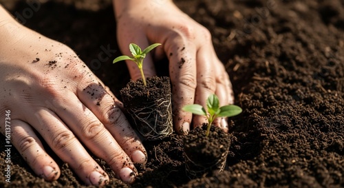 Hands gently planting young seedlings into fertile soil for a flourishing garden