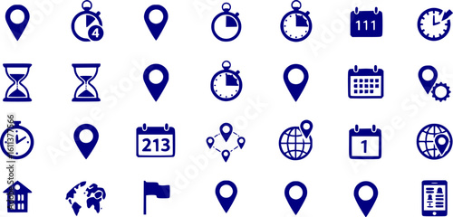 Time, date and location icon set in line style, Containing hourglass, pin, stopwatch, calendar, clock, gps point, flag point, globe point and more, vector illustration