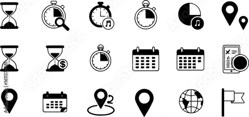 Time, date and location icon set in line style, Containing hourglass, pin, stopwatch, calendar, clock, gps point, flag point, globe point and more, vector illustration