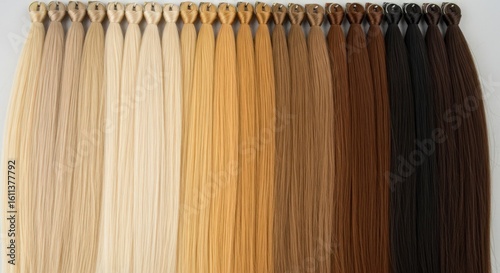 Palette of artificial hair strands in various shades for hairstyling