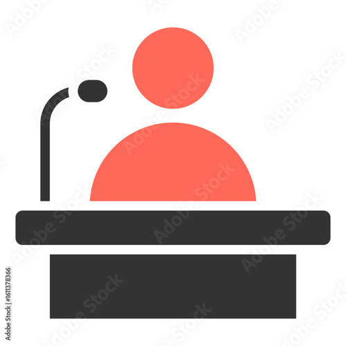 An icon representing a person speaking at a podium with a microphone, often used in legal contexts or formal presentations.