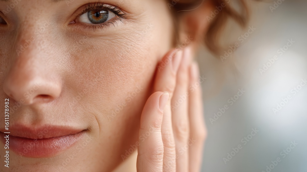Close-up of a woman gently touching her smooth, radiant facial skin with a calm, serene expression. Close-up of a woman gently touching her smooth, radiant facial skin with a calm, serene expression.