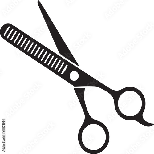 A graphic illustration of black thinning shears with a white background in a simple style design