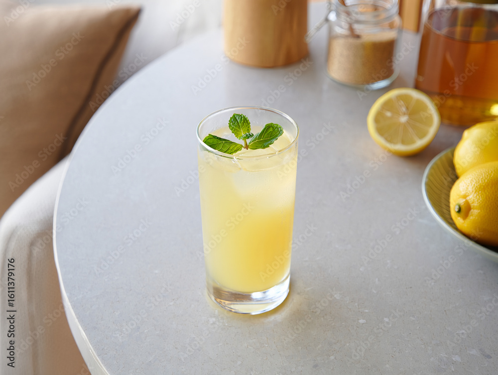 Fototapeta premium A tall glass of refreshing lemonade with mint and ice
