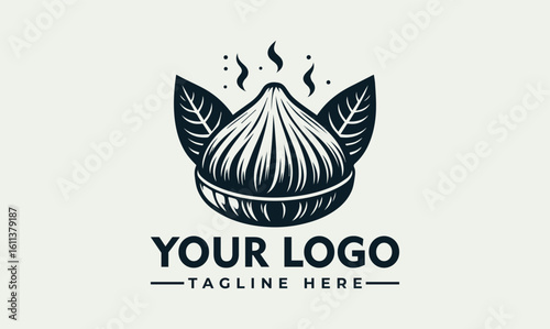 Steaming dim sum logo design with leaves, vintage style.