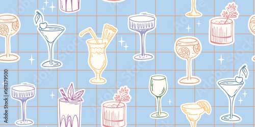 Colorful cocktail glasses seamless pattern with retro grid and hand drawn doodle style on blue background