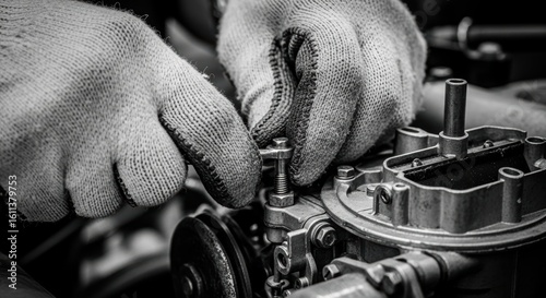 Gloved mechanic meticulously adjusts vintage car carburetor showcasing automotive expertise and precision in monochrome