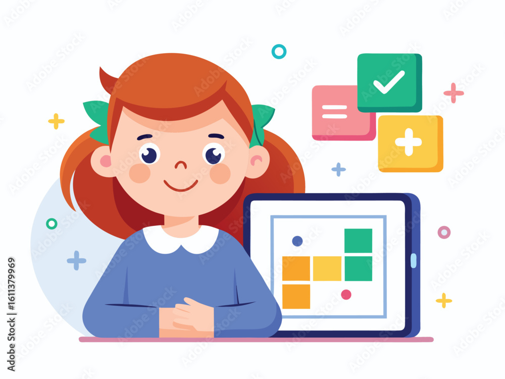 Girl learning math on tablet with colorful game elements education Girl learning math on tablet with colorful game elements education