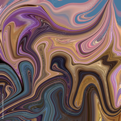 Swirling abstract design in earthy purples, browns, and blues with fluid waveforms and layered textures.