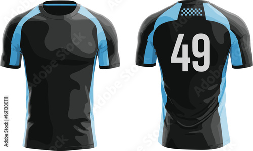 Black and blue sports jersey mockup with number 49—teamwear design template for athletic apparel branding, activewear catalogs, or esports visuals
