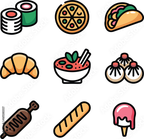 Assorted flat design food icons on white background