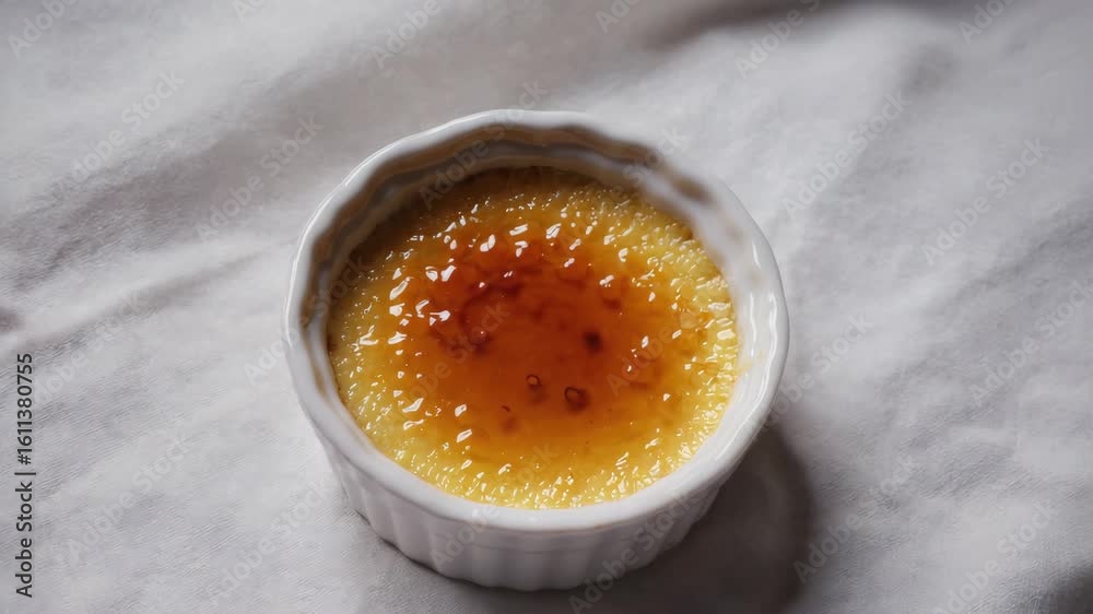 A delicious serving of classic French crème brûlée, featuring a perfectly crispy caramelized sugar crust in a white ramekin.