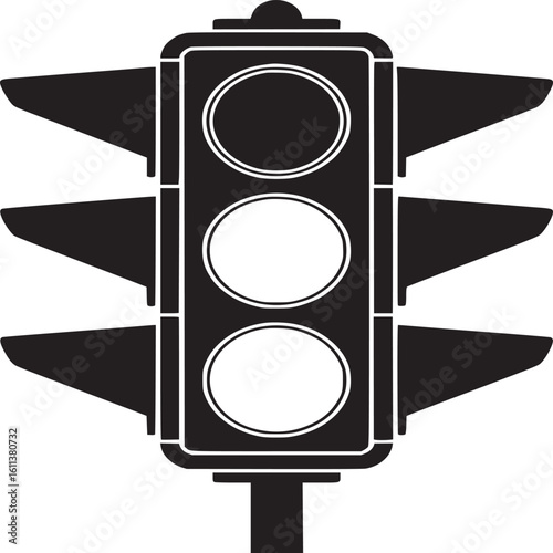 A black and white graphic illustration of a traffic light with three circular light displays