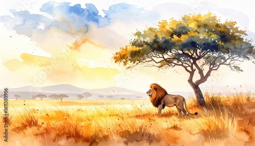 A lone lion in golden savanna under dramatic sky evokes themes of power, solitude and African wilderness, ideal for travel or wildlife campaigns. Watercolor painting.