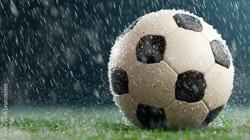 Close Up Of A Wet Soccer Ball On Green Grass During Heavy Rainfall