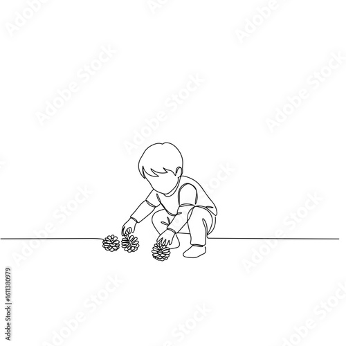 Child picking up pinecones while squatting on the ground outdoors, Line Art Vector, Monochromatic. Nature exploration, outdoor activity. For educational content, nature blogs