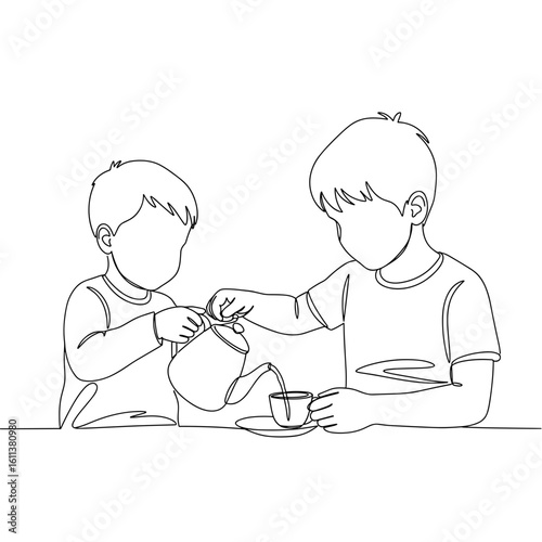 Child pouring tea for sibling while sitting at the table, Line Art Vector, Transparent, Monochromatic, Family Bonding, Childhood Etiquette. For Parenting Blogs, Educational Content, Children's Illustr