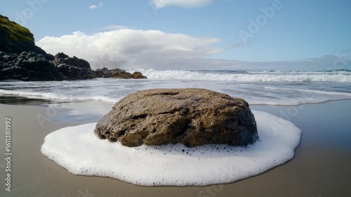 Textured Rock Surrounded by Sea Foam on a Sandy Beach