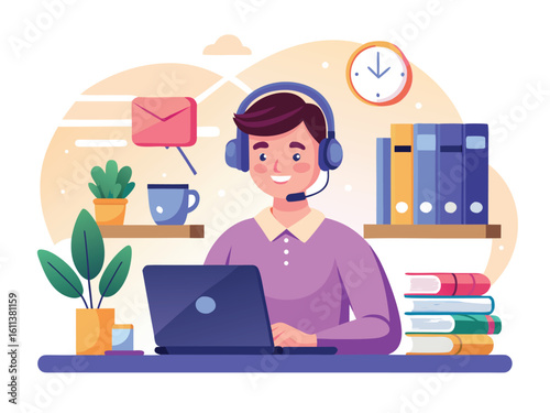 Young man wearing headphones and working on a laptop with books and plants vector