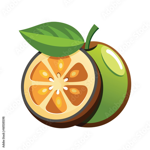 Half-cut Citrus Fruit Illustration with Leaf on White Background 