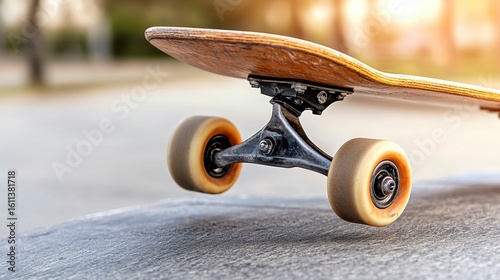 Longboard Close Up Wooden Deck, Black Trucks, Yellow Wheels on Asphalt