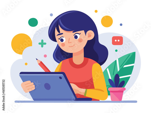 Young girl drawing with pencil on tablet surrounded by abstract shapes vector