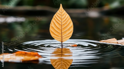 Single Brown Leaf Floating on Dark Water with Ripples