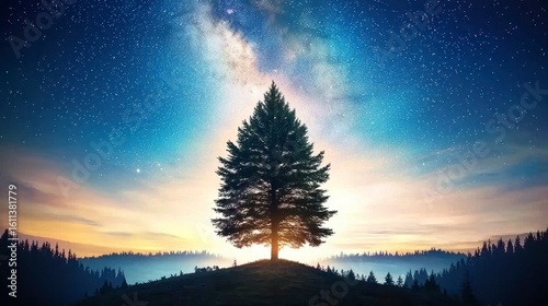 Silhouette of Pine Tree Against Starry Night Sky