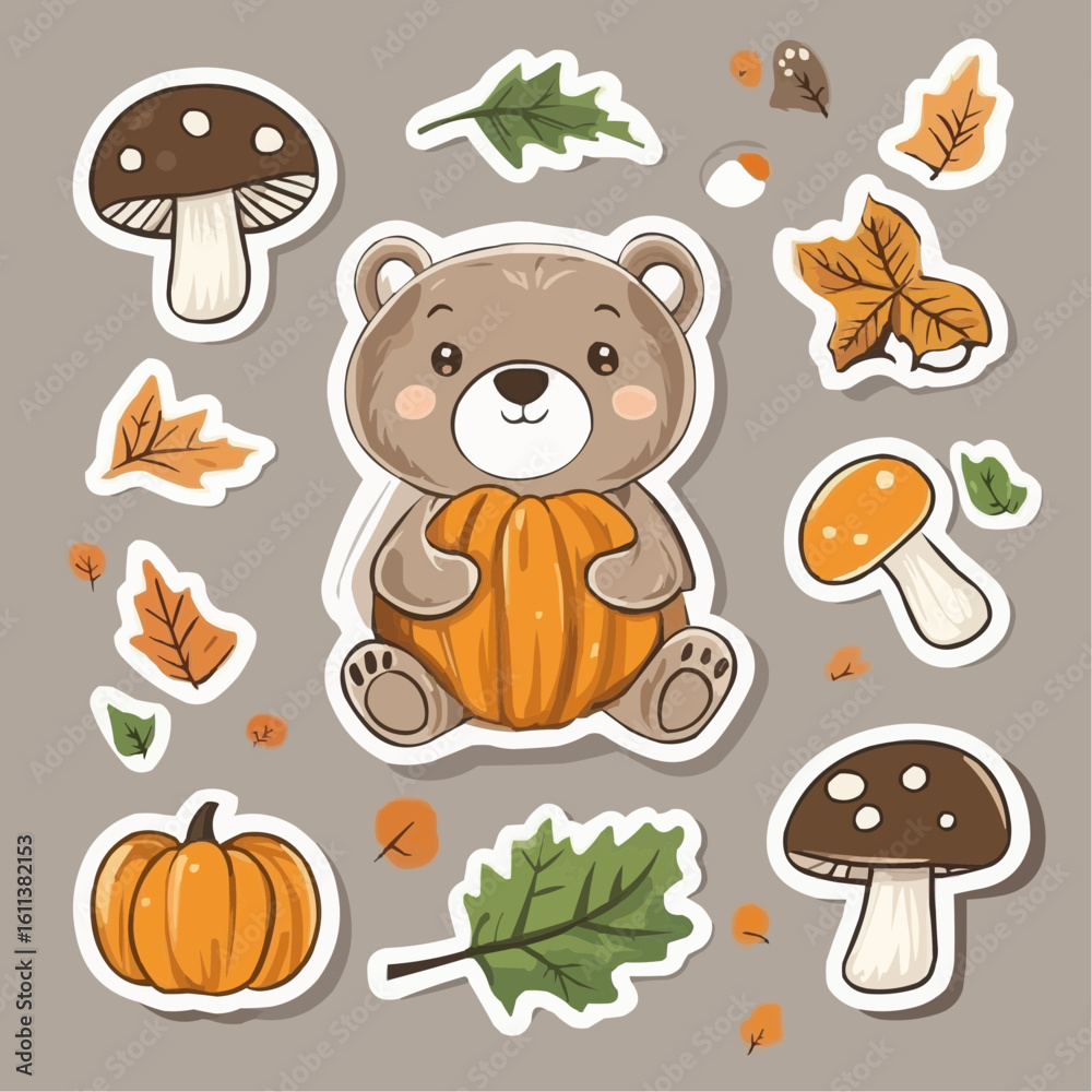 Fototapeta premium Adorable bear cub and autumn forest details in a sticker set, great for nursery printable decor, classroom visuals and learning materials
