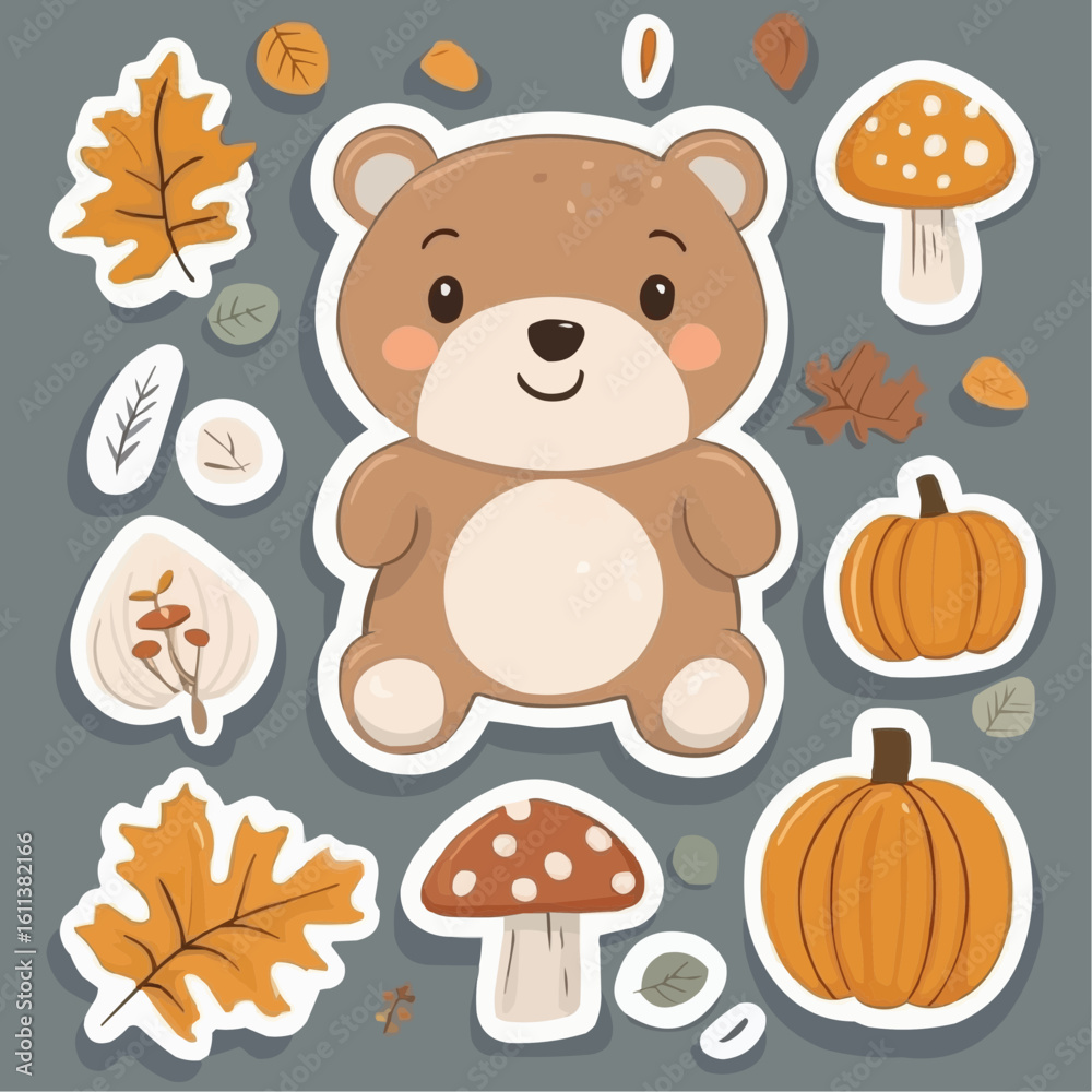Obraz premium Cute bear cub with pumpkin, leaf and mushroom in a warm autumn sticker set, perfect for printable diy projects, journaling and seasonal kids crafts